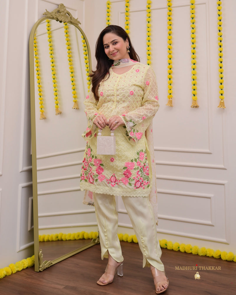 Lemon Yellow Organza Handwork Tulip Pant Suit