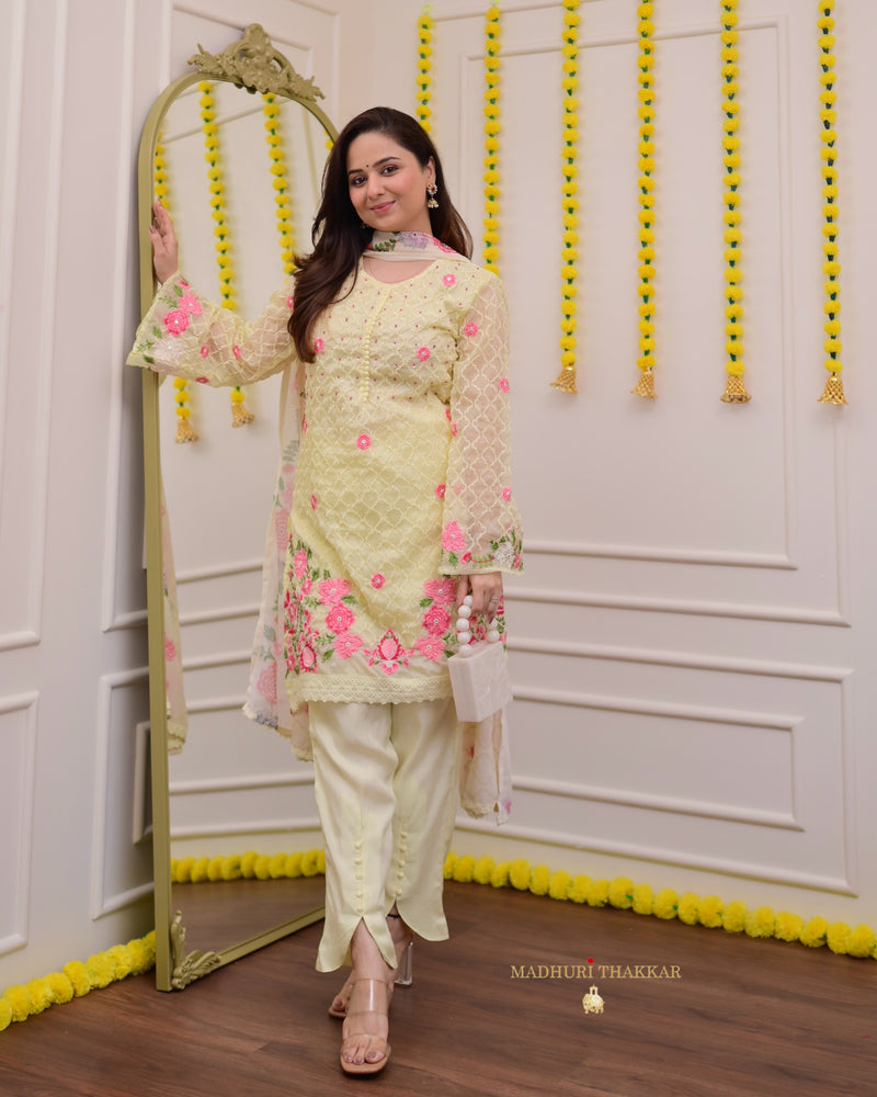 Lemon Yellow Organza Handwork Tulip Pant Suit