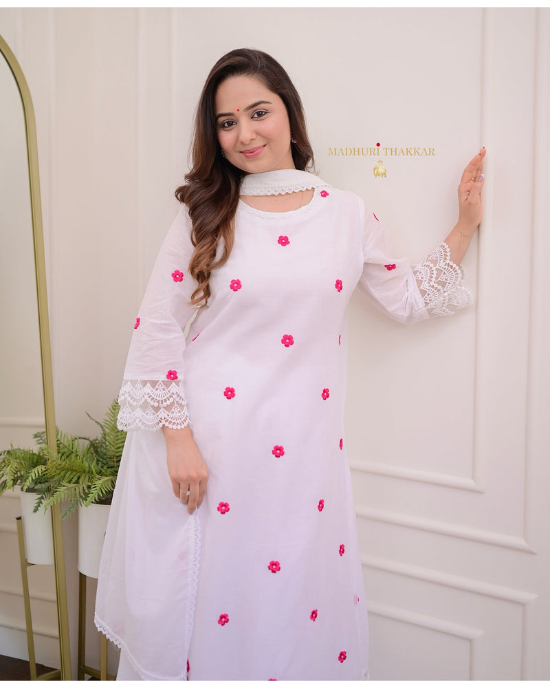 Ivory-Red Embroidered Flower Mul Cotton Suit