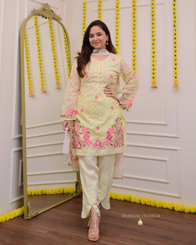 Lemon Yellow Organza Handwork Tulip Pant Suit