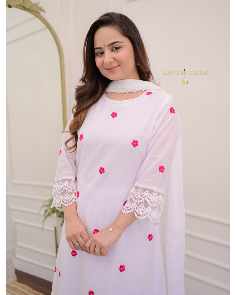 Ivory-Red Embroidered Flower Mul Cotton Suit