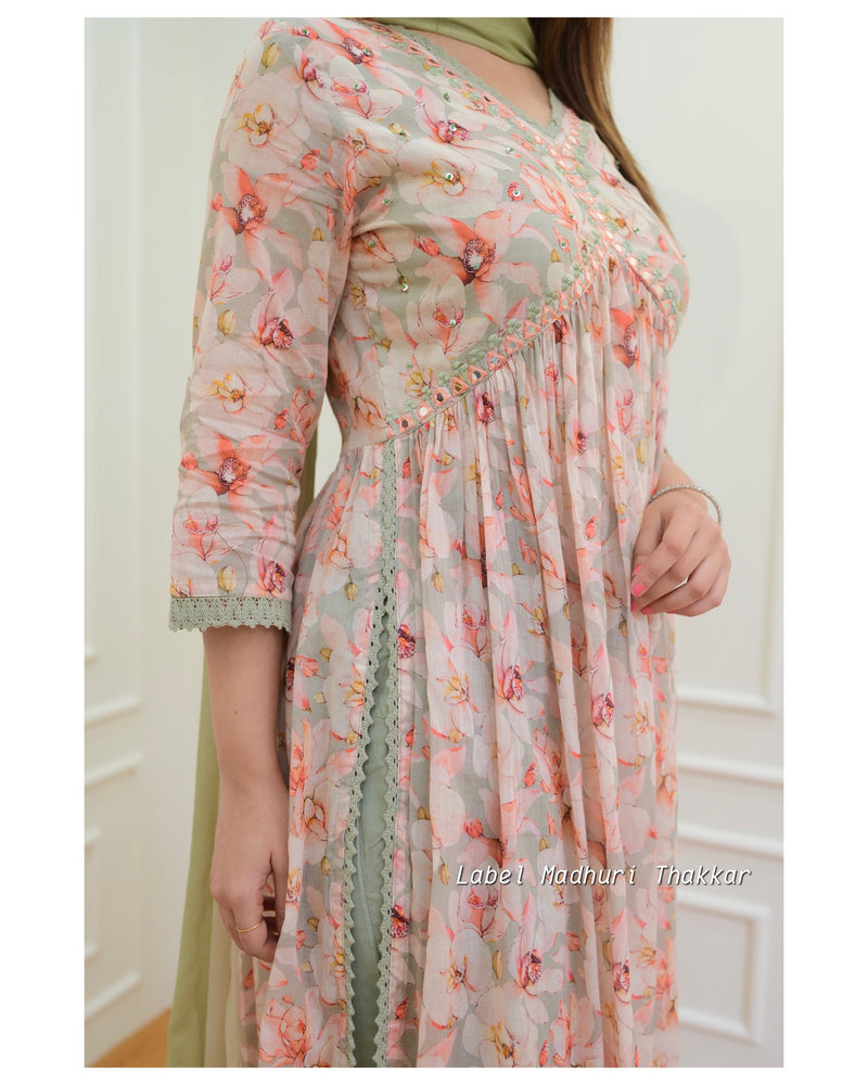 Peach-Green Alia Embroidered Suit