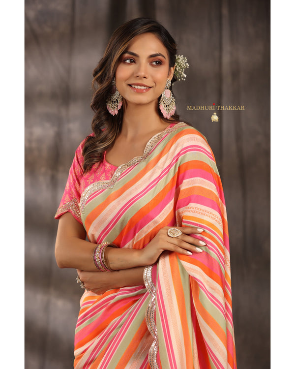 Multi Color Striped Muslin Saree With Scallop Mirror Work