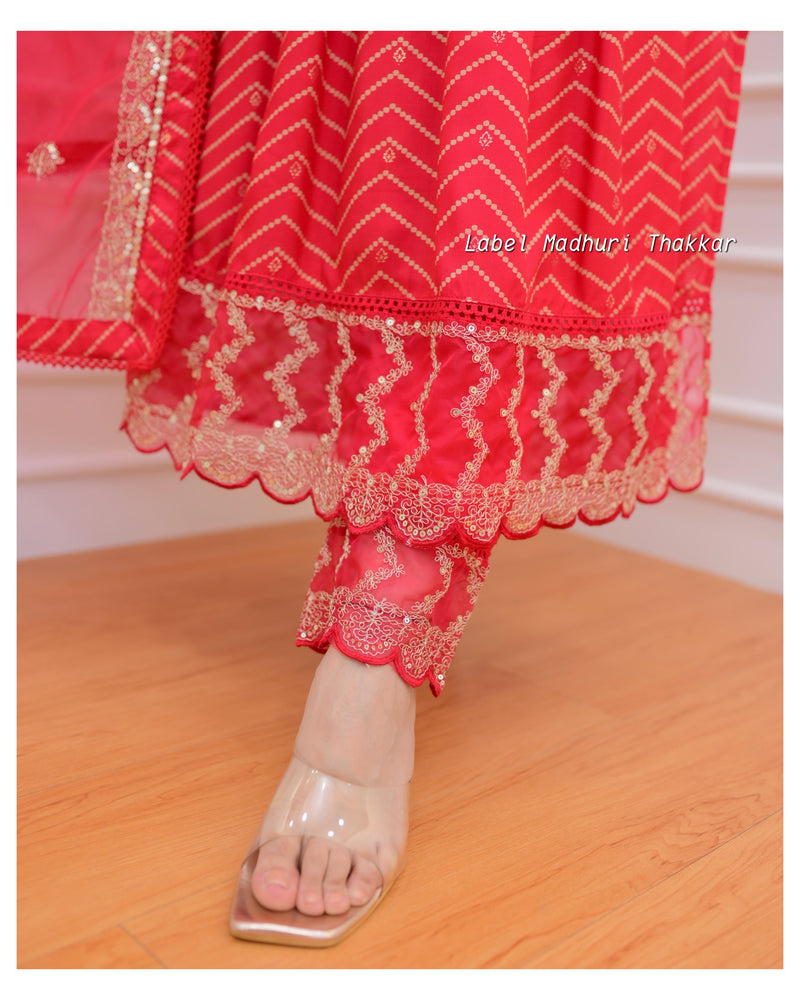 Rani Pink Leheriya Muslin Embroidered Suit