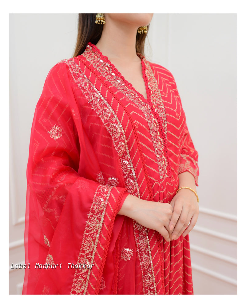 Rani Pink Leheriya Muslin Embroidered Suit