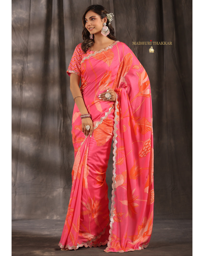 Pink Botanical Muslin Saree With Scallop Mirror Work