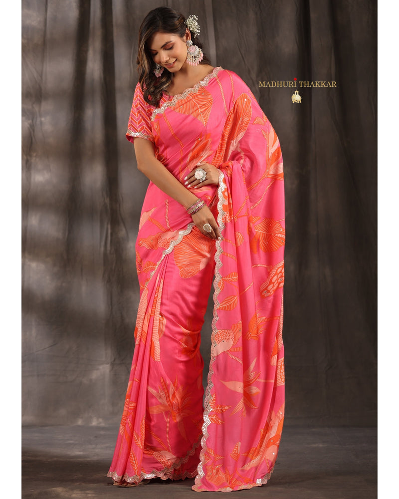 Pink Botanical Muslin Saree With Scallop Mirror Work