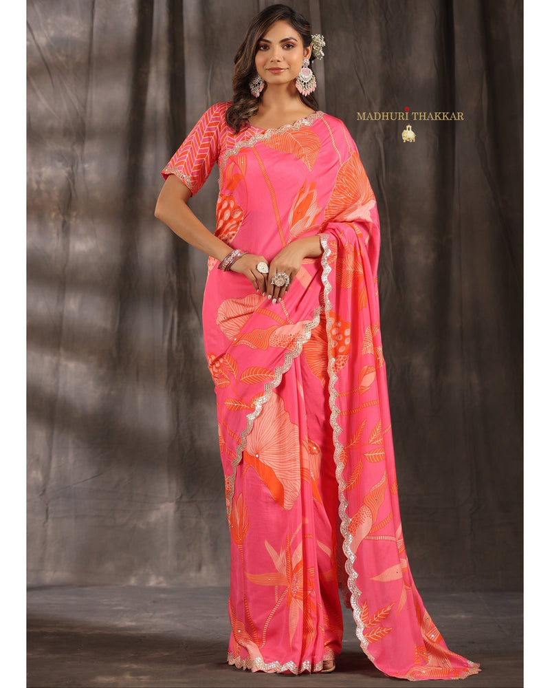 Pink Botanical Muslin Saree With Scallop Mirror Work