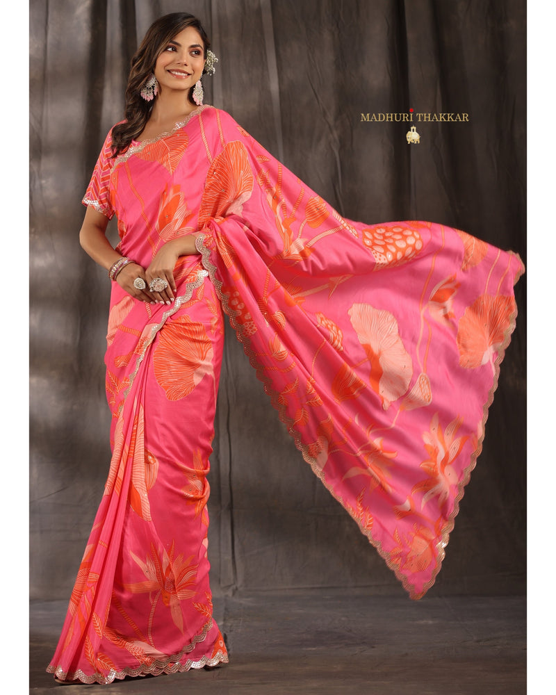 Pink Botanical Muslin Saree With Scallop Mirror Work