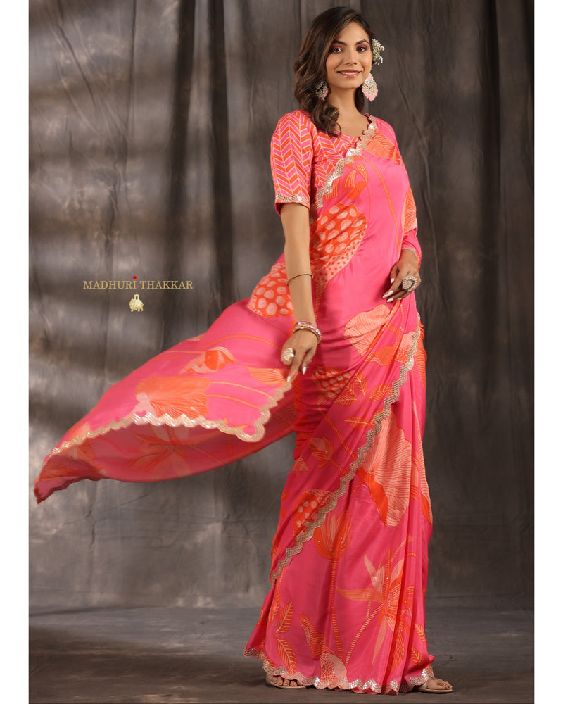 Pink Botanical Muslin Saree With Scallop Mirror Work