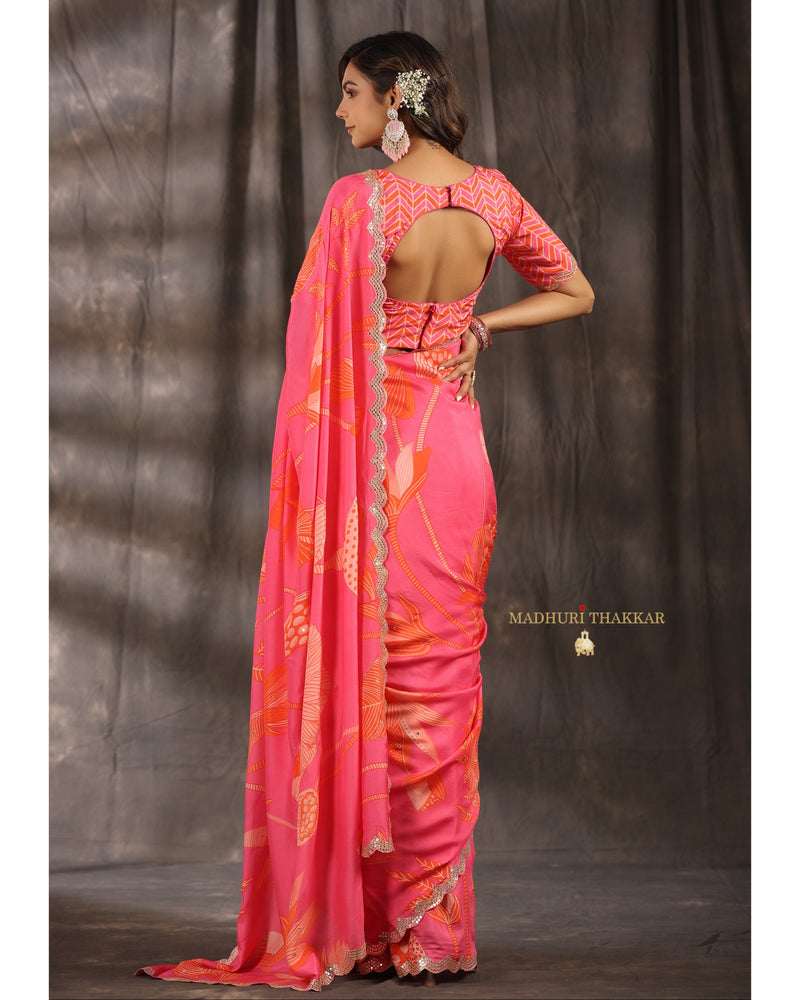 Pink Botanical Muslin Saree With Scallop Mirror Work