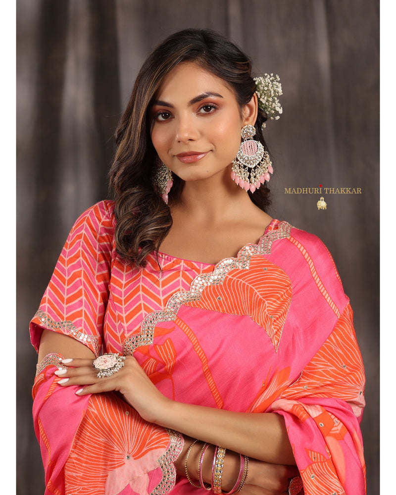 Pink Botanical Muslin Saree With Scallop Mirror Work