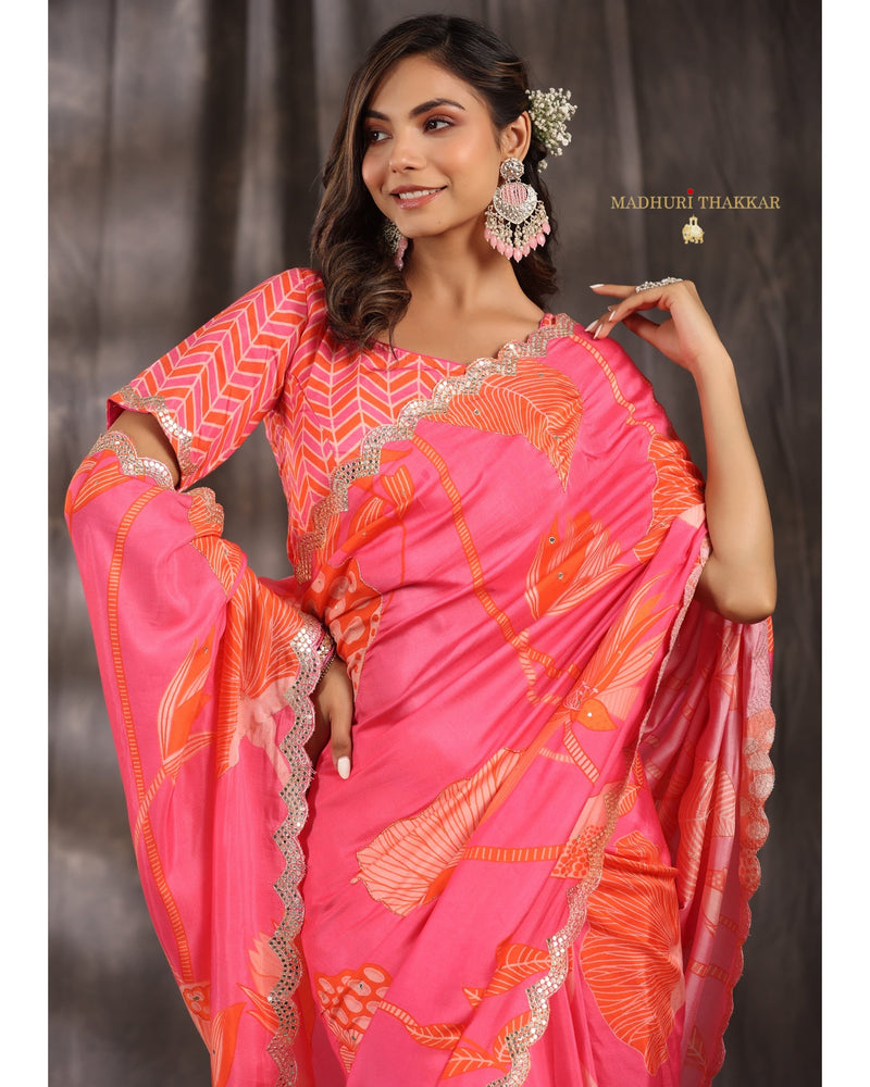 Pink Botanical Muslin Saree With Scallop Mirror Work