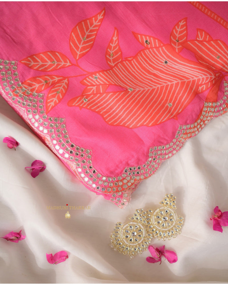 Pink Botanical Muslin Saree With Scallop Mirror Work