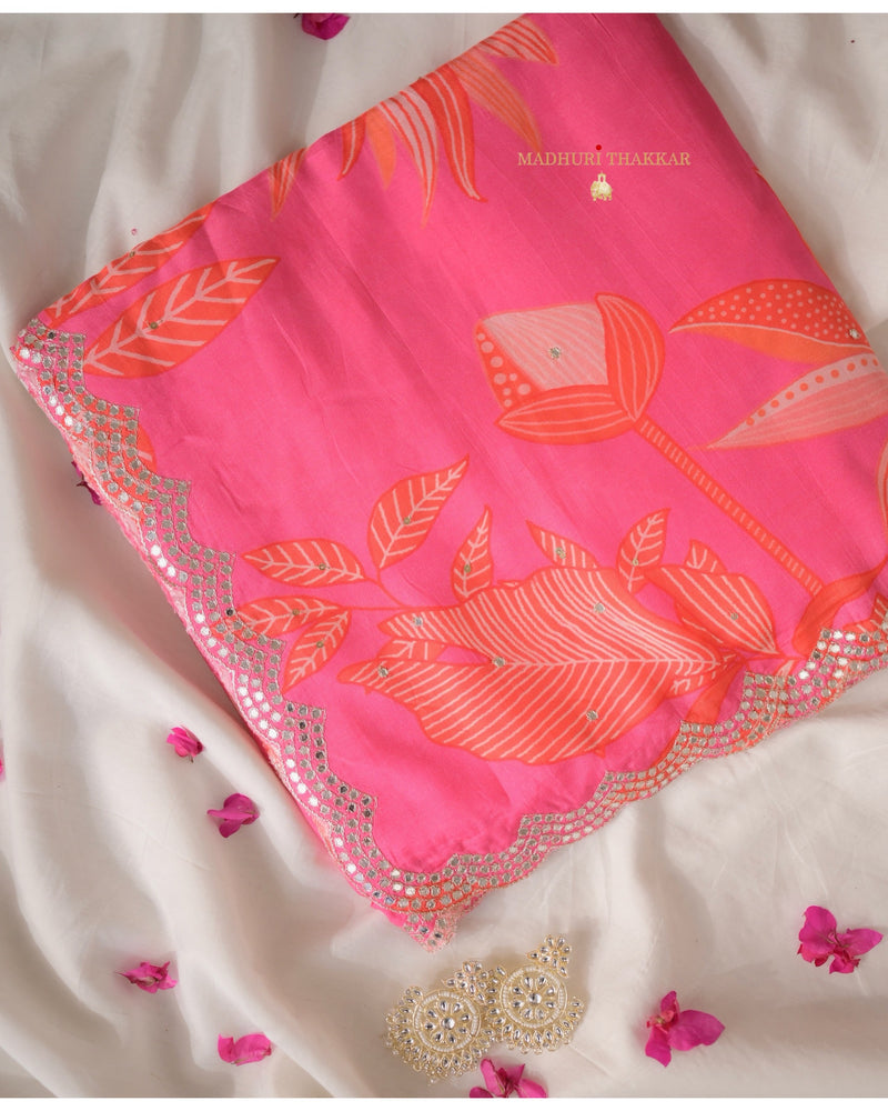 Pink Botanical Muslin Saree With Scallop Mirror Work