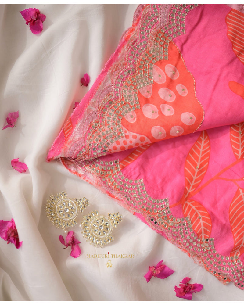 Pink Botanical Muslin Saree With Scallop Mirror Work