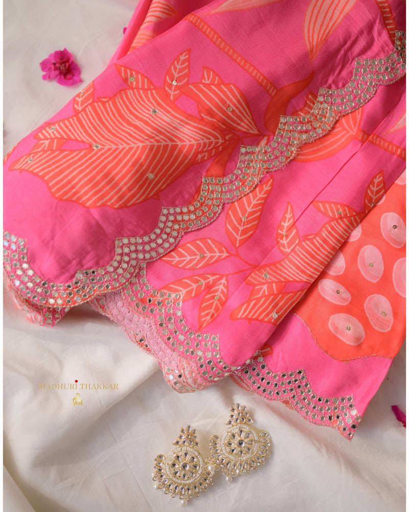 Pink Botanical Muslin Saree With Scallop Mirror Work