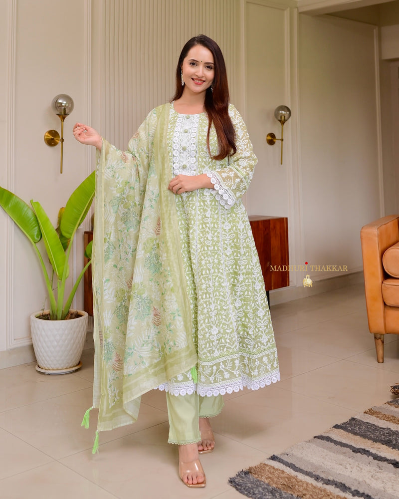 Lime Green Lucknowi Organza Threadwork Anarkali