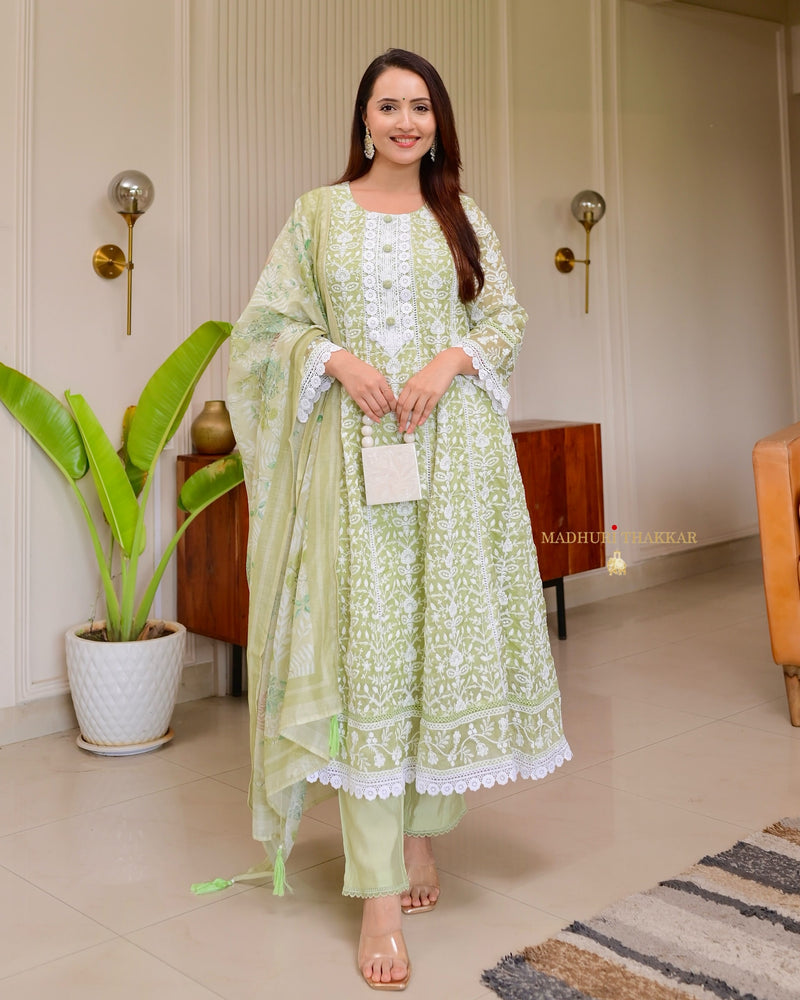 Lime Green Lucknowi Organza Threadwork Anarkali