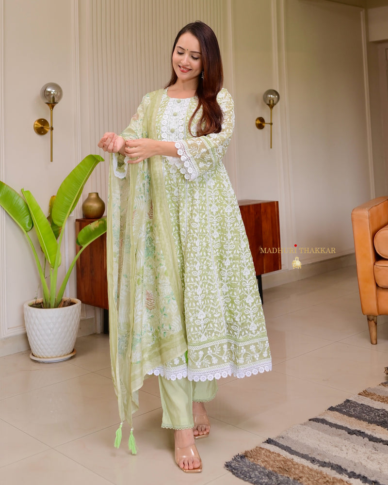 Lime Green Lucknowi Organza Threadwork Anarkali