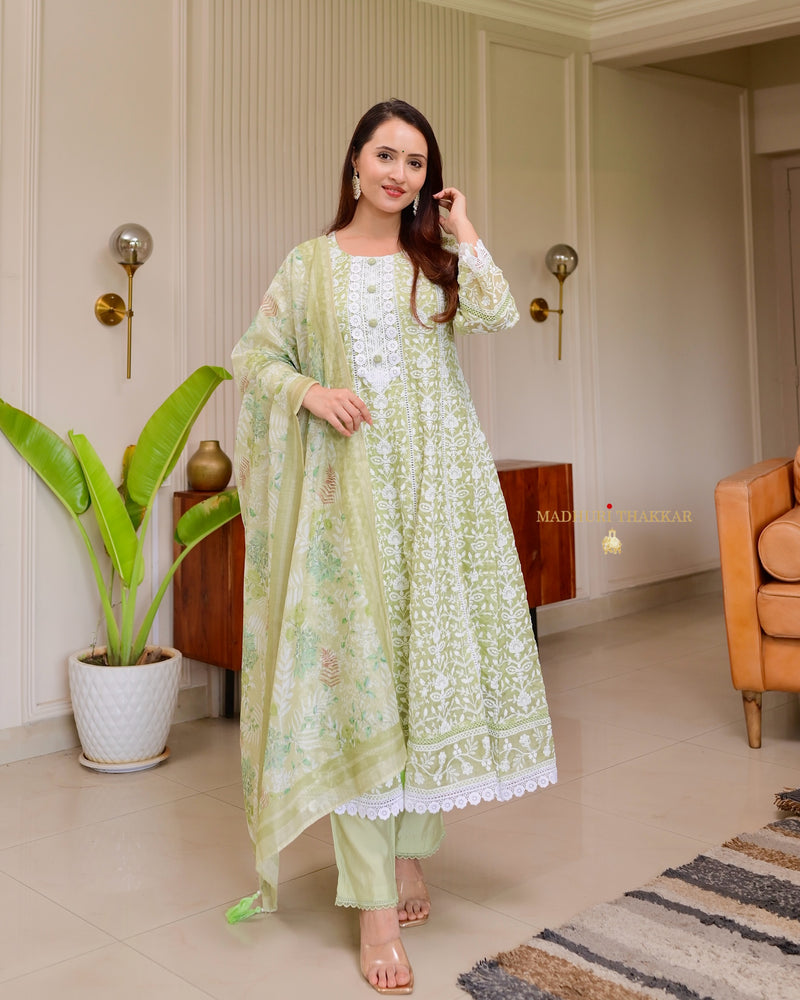 Lime Green Lucknowi Organza Threadwork Anarkali