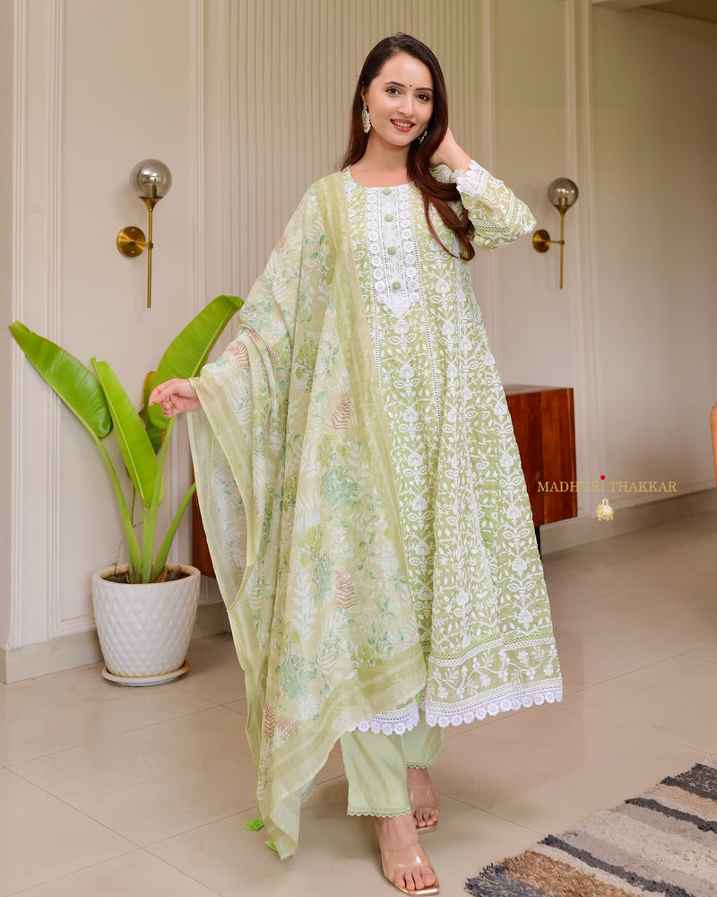 Lime Green Lucknowi Organza Threadwork Anarkali