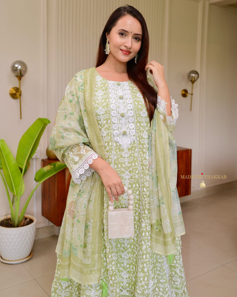 Lime Green Lucknowi Organza Threadwork Anarkali