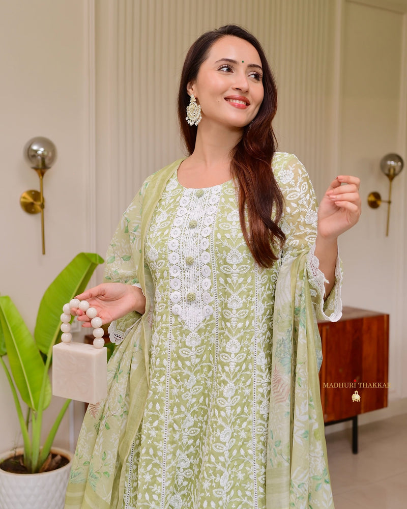 Lime Green Lucknowi Organza Threadwork Anarkali