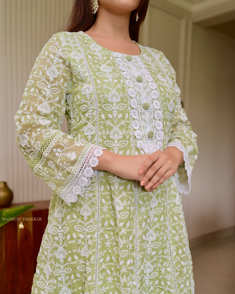 Lime Green Lucknowi Organza Threadwork Anarkali