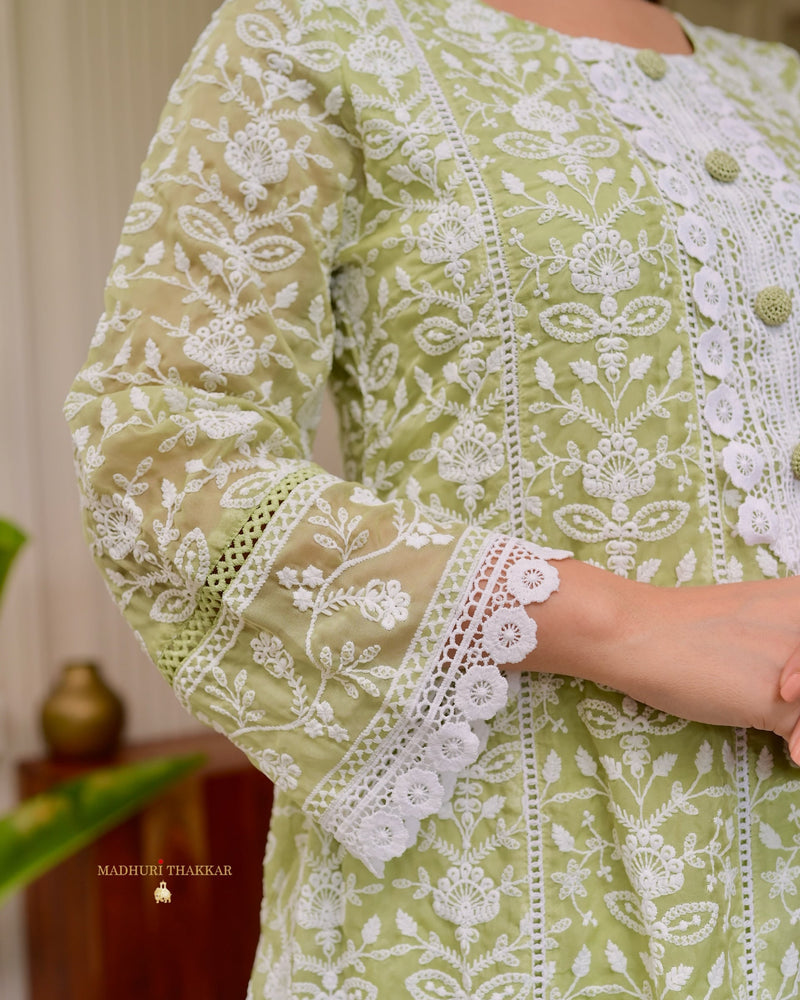 Lime Green Lucknowi Organza Threadwork Anarkali