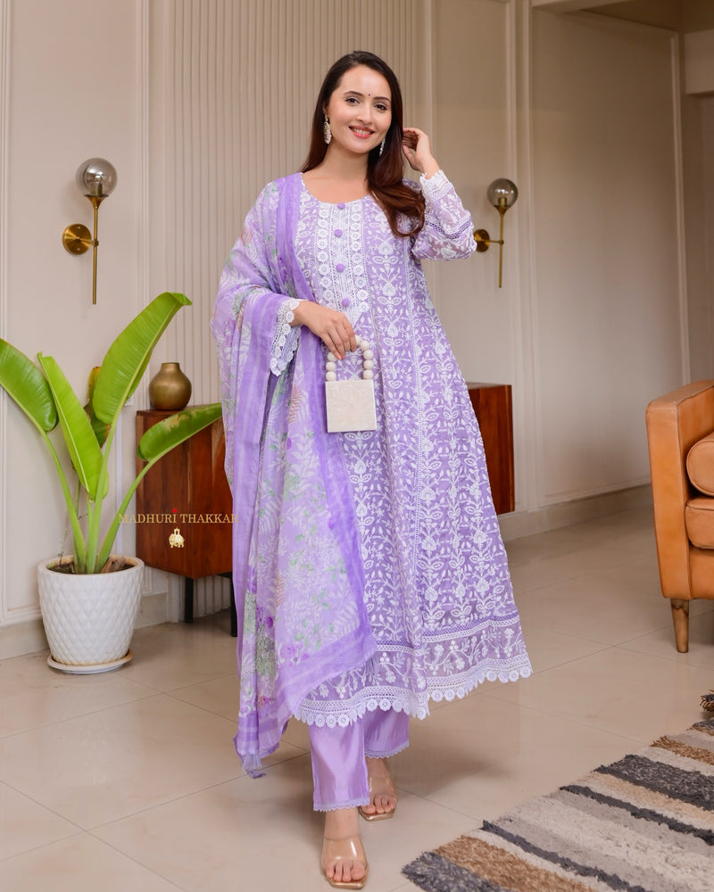 Lavender Lucknowi Organza Threadwork Anarkali