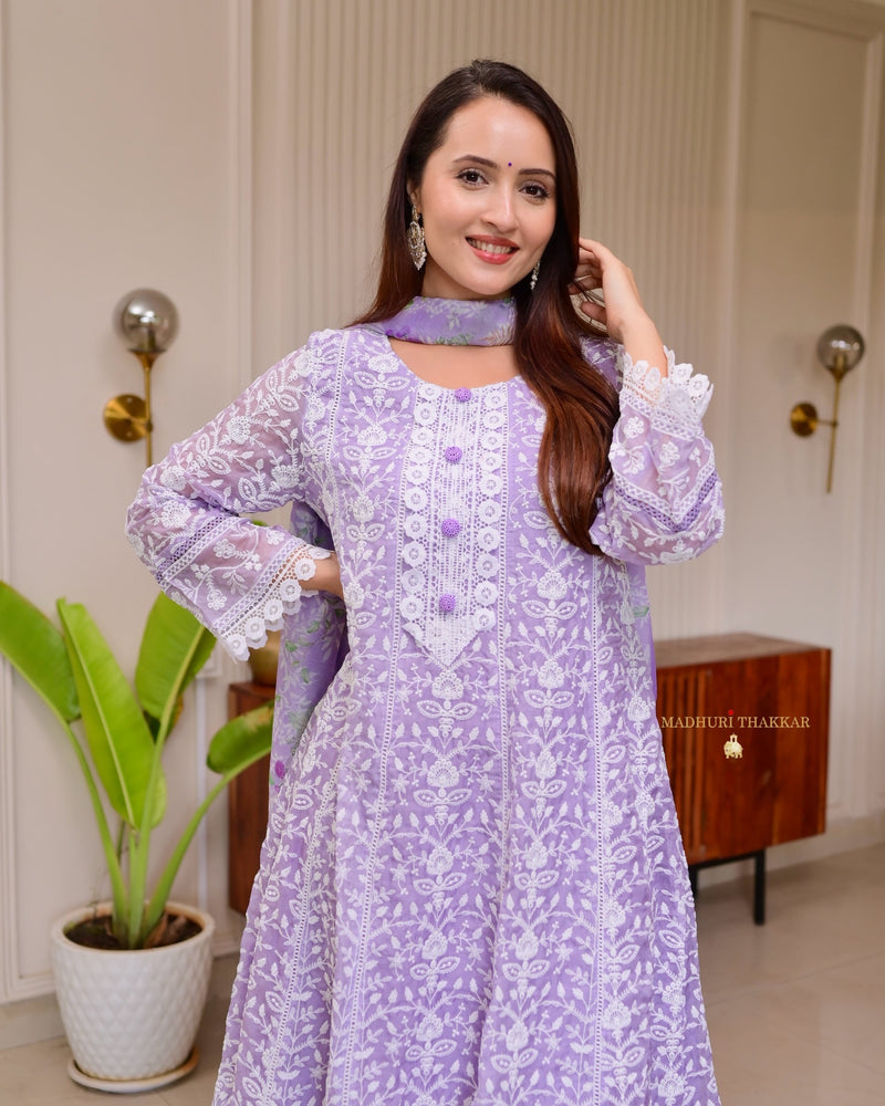 Lavender Lucknowi Organza Threadwork Anarkali