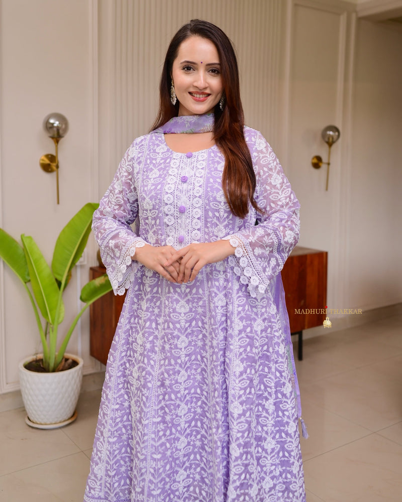 Lavender Lucknowi Organza Threadwork Anarkali