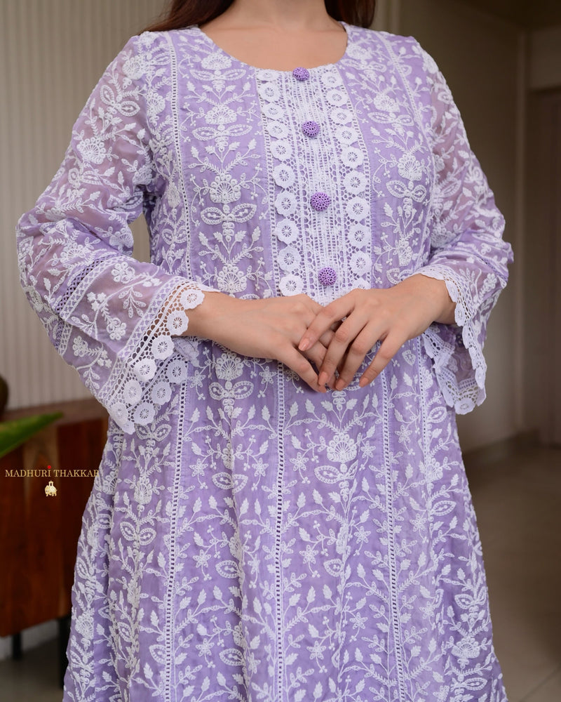 Lavender Lucknowi Organza Threadwork Anarkali