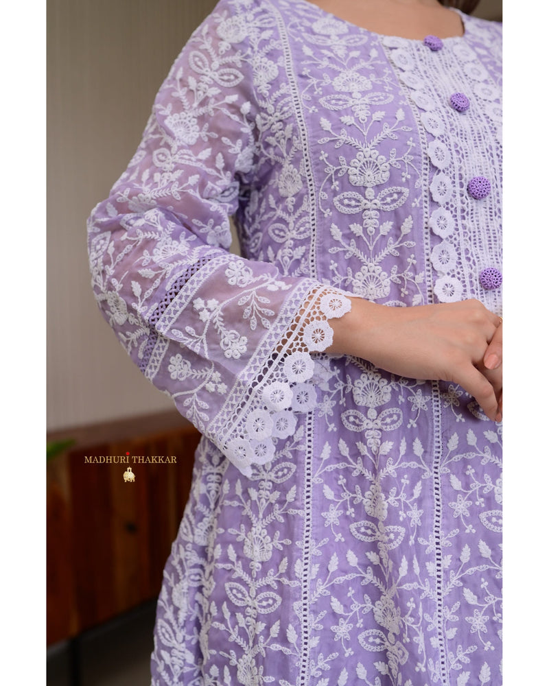 Lavender Lucknowi Organza Threadwork Anarkali