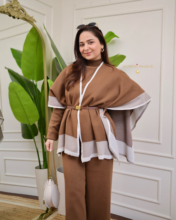 Brown Airport Winter Co-ord Set with Cape