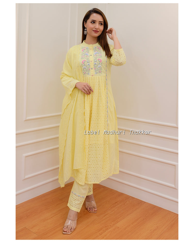 Yellow Cutwork Embroidered A Line Suit