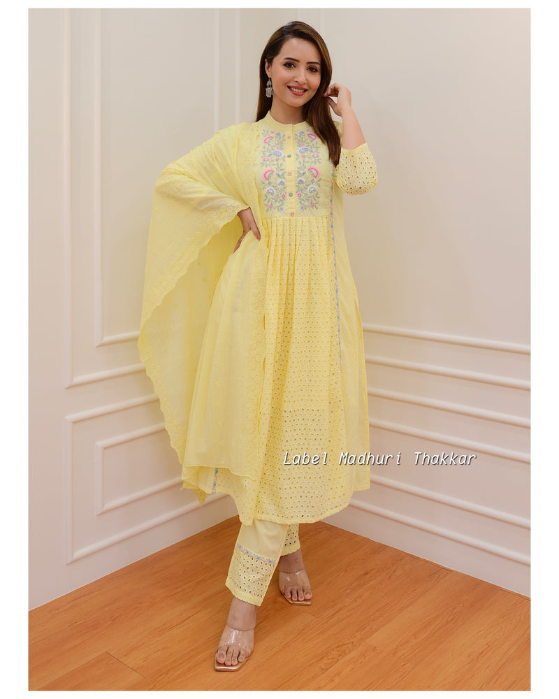 Yellow Cutwork Embroidered A Line Suit