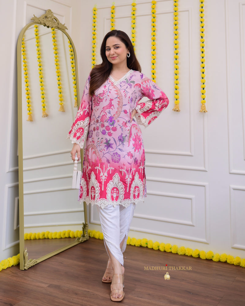 Onion Pink Handwork Muslin Tulip Pant Kurta Set