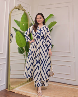 Ivory Blue ZigZag Kantha Cotton Palazzo Set