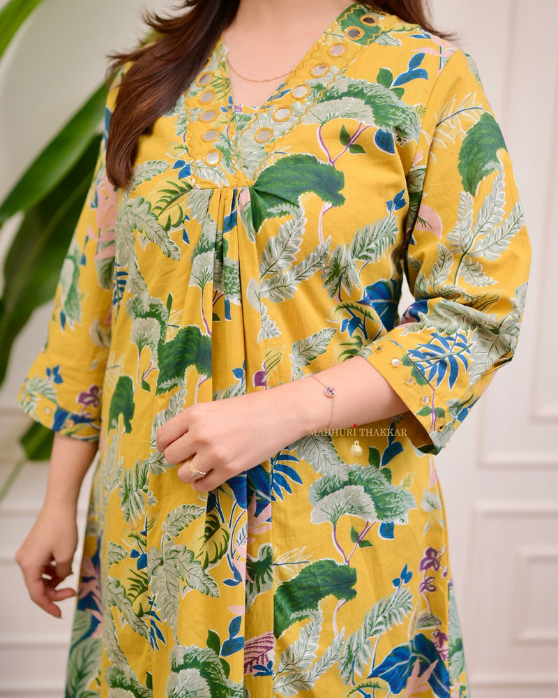 Mustard Green Floral Kantha Cotton Palazzo Set