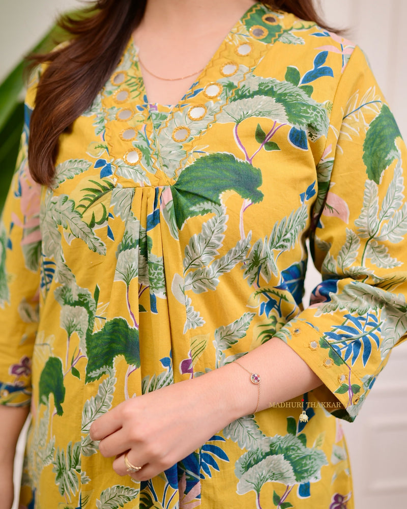 Mustard Green Floral Kantha Cotton Palazzo Set