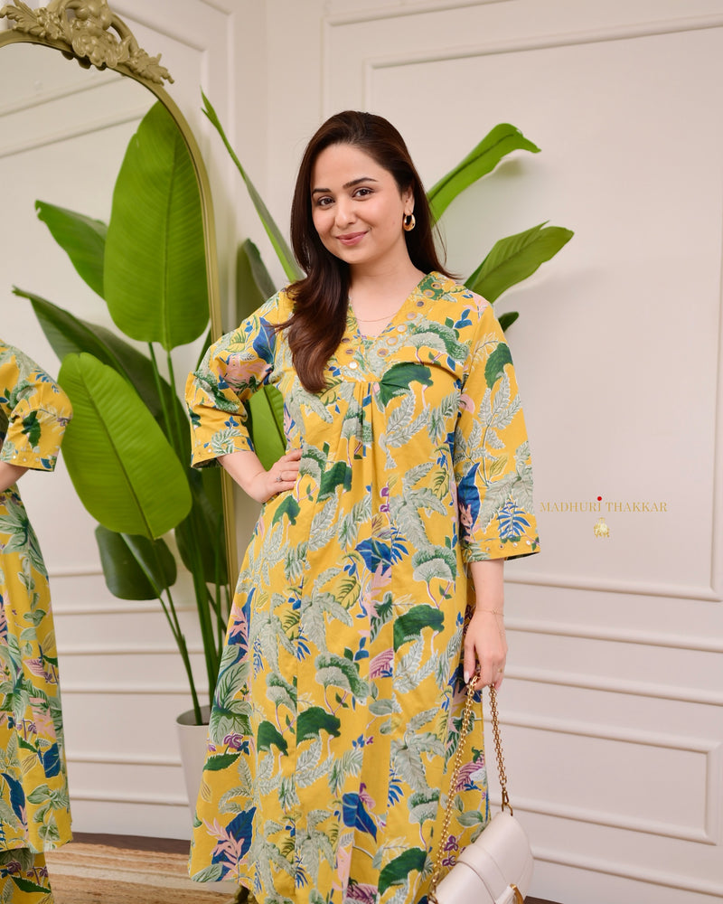 Mustard Green Floral Kantha Cotton Palazzo Set