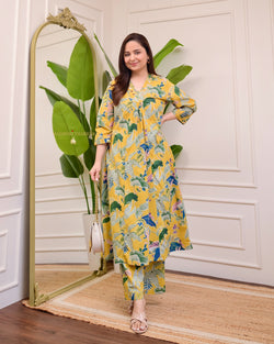 Mustard Green Floral Kantha Cotton Palazzo Set