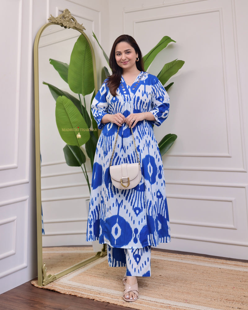 Blue White Baroque Kantha Cotton Palazzo Set