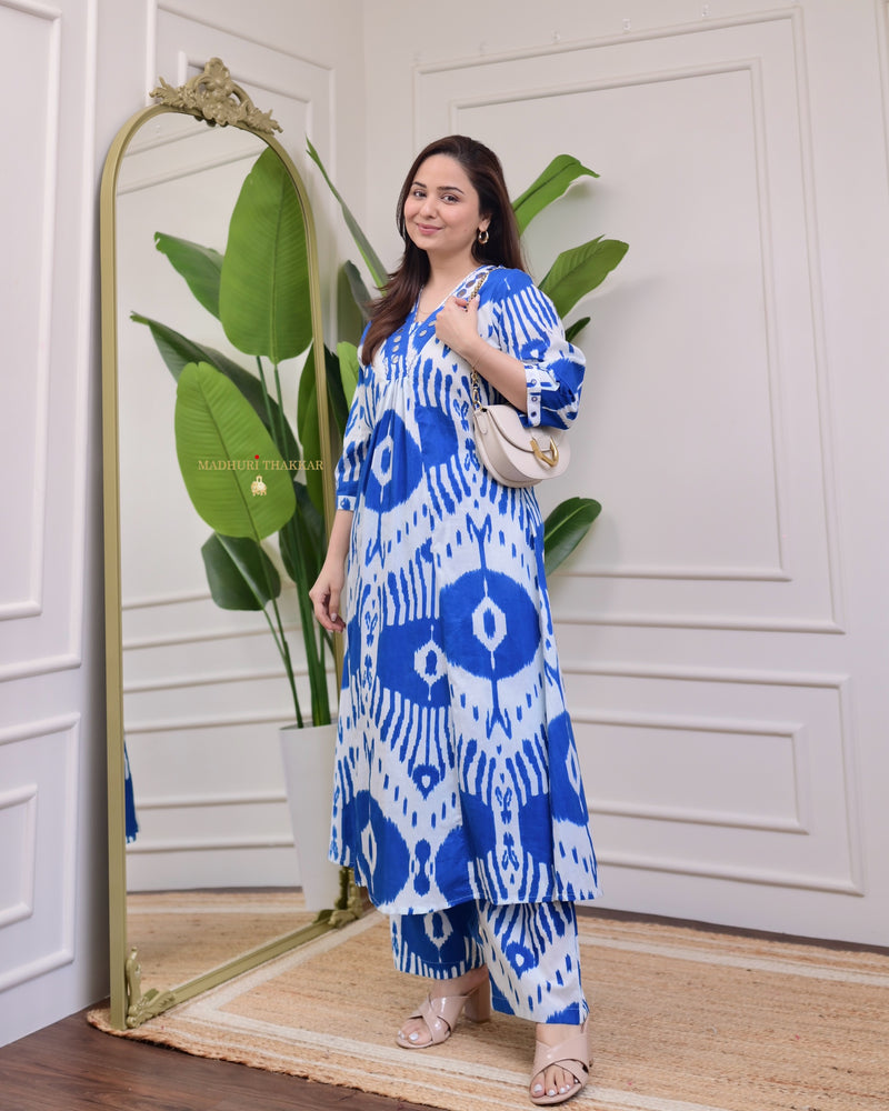 Blue White Baroque Kantha Cotton Palazzo Set