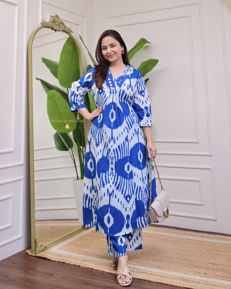 Blue White Baroque Kantha Cotton Palazzo Set