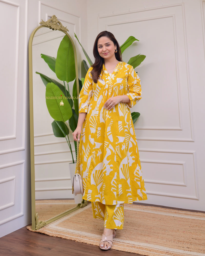 Yellow Ivory Abstract Kantha Cotton Palazzo Set