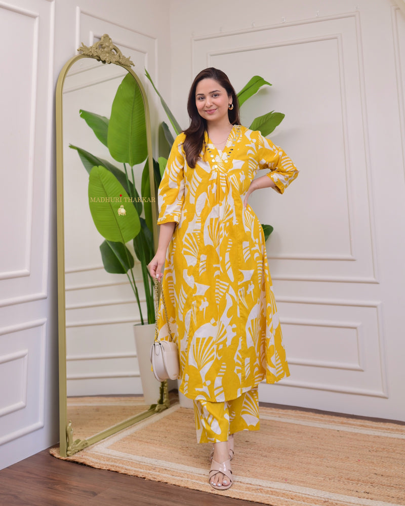 Yellow Ivory Abstract Kantha Cotton Palazzo Set