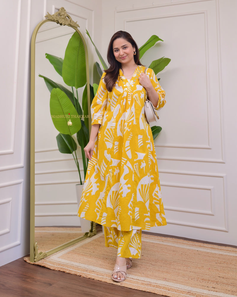 Yellow Ivory Abstract Kantha Cotton Palazzo Set